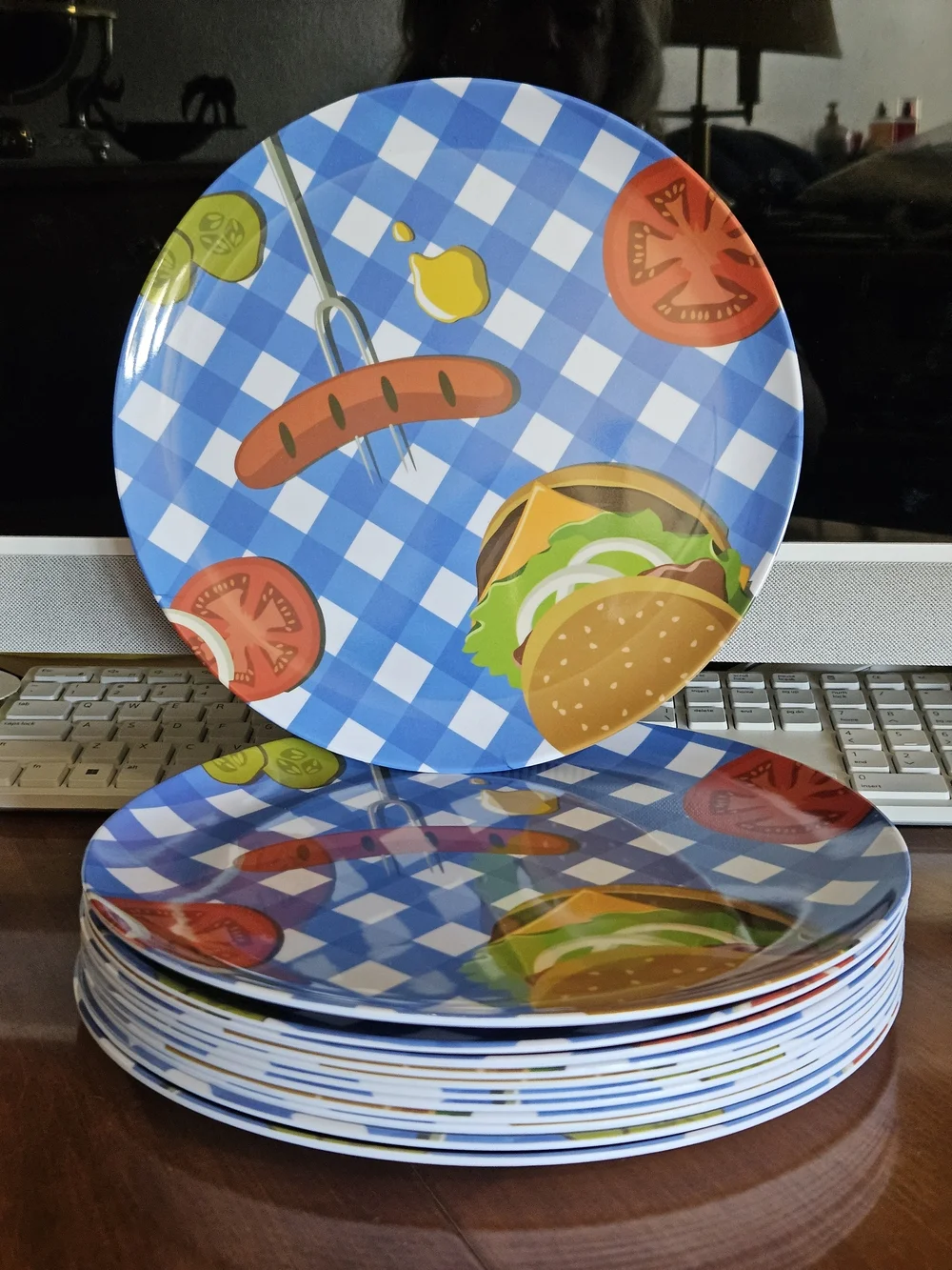 Party Picnic Plates - Blue Checkered Grill Design - 12